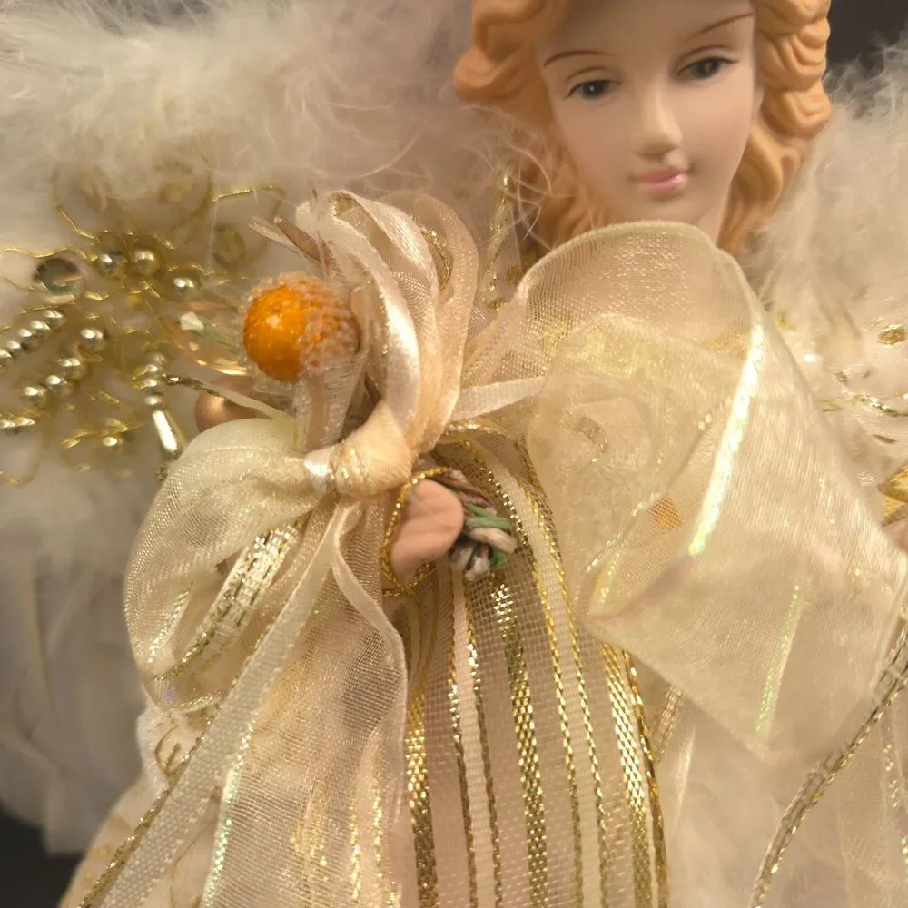 Elegant Cream & Gold Angel Tree Topper Feather Wings Christmas 11.5